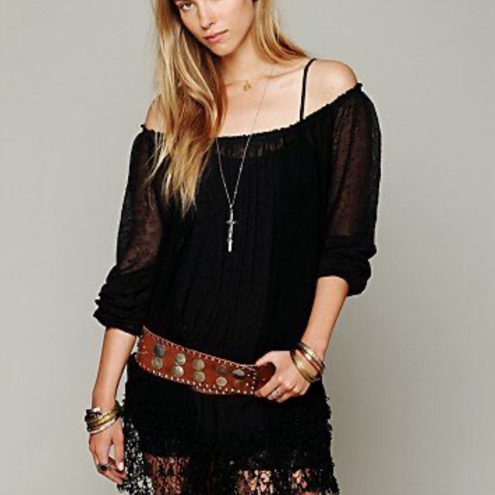 Free People Black Sheer Off-Shoulder Dress Crochet Oversized SP